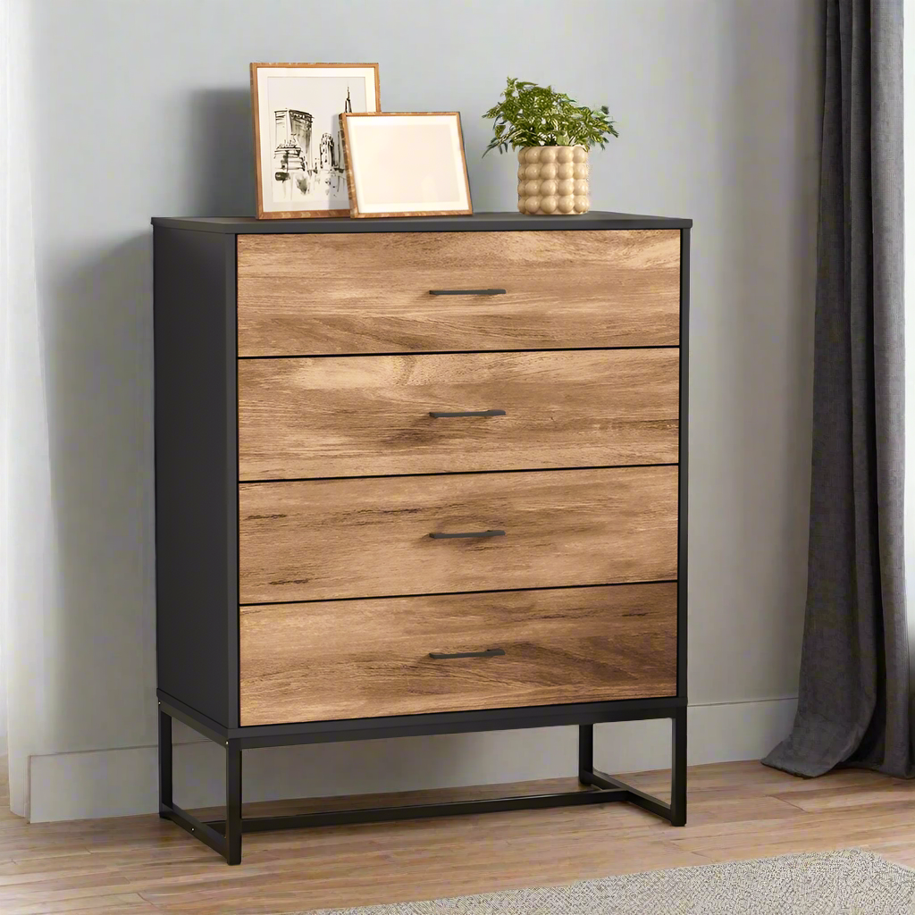 Foreno Industrial Style Rustic 4 Draw Dresser Unit | 4 Chest of Drawers Metal Wood Tallboy