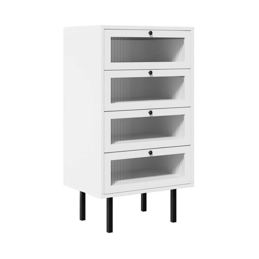 Barbados Modern 4 Chest of Drawers with Fluted Glass Door | Hampton Style Tallboy Storage Cabinet in White