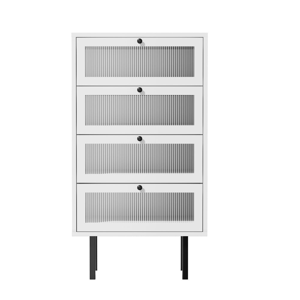 Barbados Modern 4 Chest of Drawers Fluted Glass Door | Hampton Style Tallboy Storage Cabinet