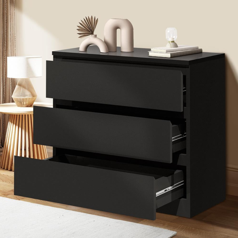 Santori Nero Modern Chest Of Drawers Storage Cabinet | Black Wooden Tallboys in 3 or 6 Drawer Option