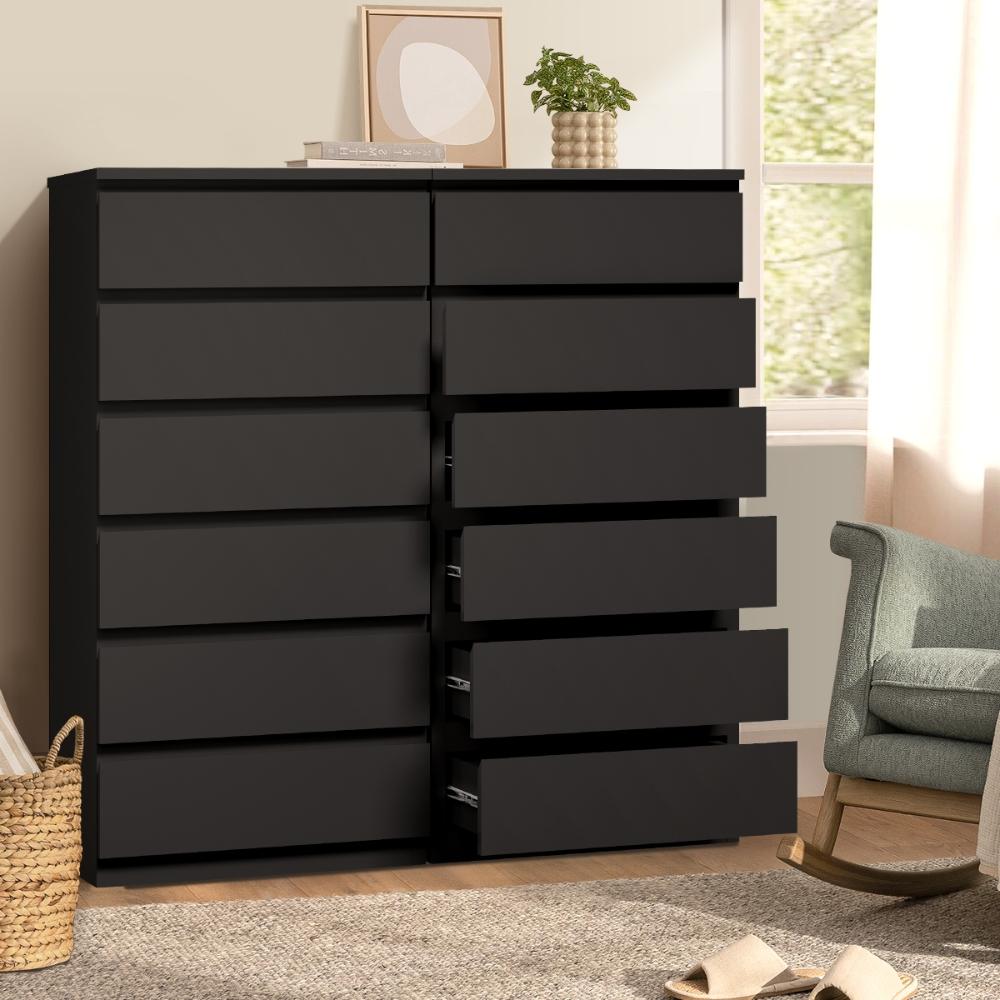 Santori Nero Modern Chest Of Drawers Storage Cabinet | Black Wooden Tallboys in 3 or 6 Drawer Option