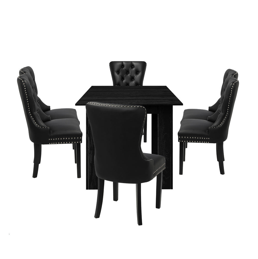 Scarlet Nero Extendable 120-160cm Dining Table Set | 5-7 Seater Premium Black Modern Dining Table With Deluxe Tuffted Velet Dining Chairs