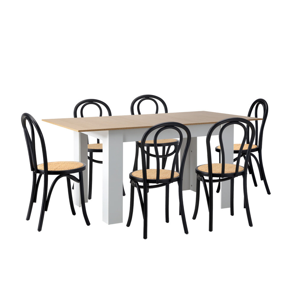 Aris Vintage Extendable Dining Table Set | 5-7 Seater Premium Dining Table and Wooden Rattan Chairs Set