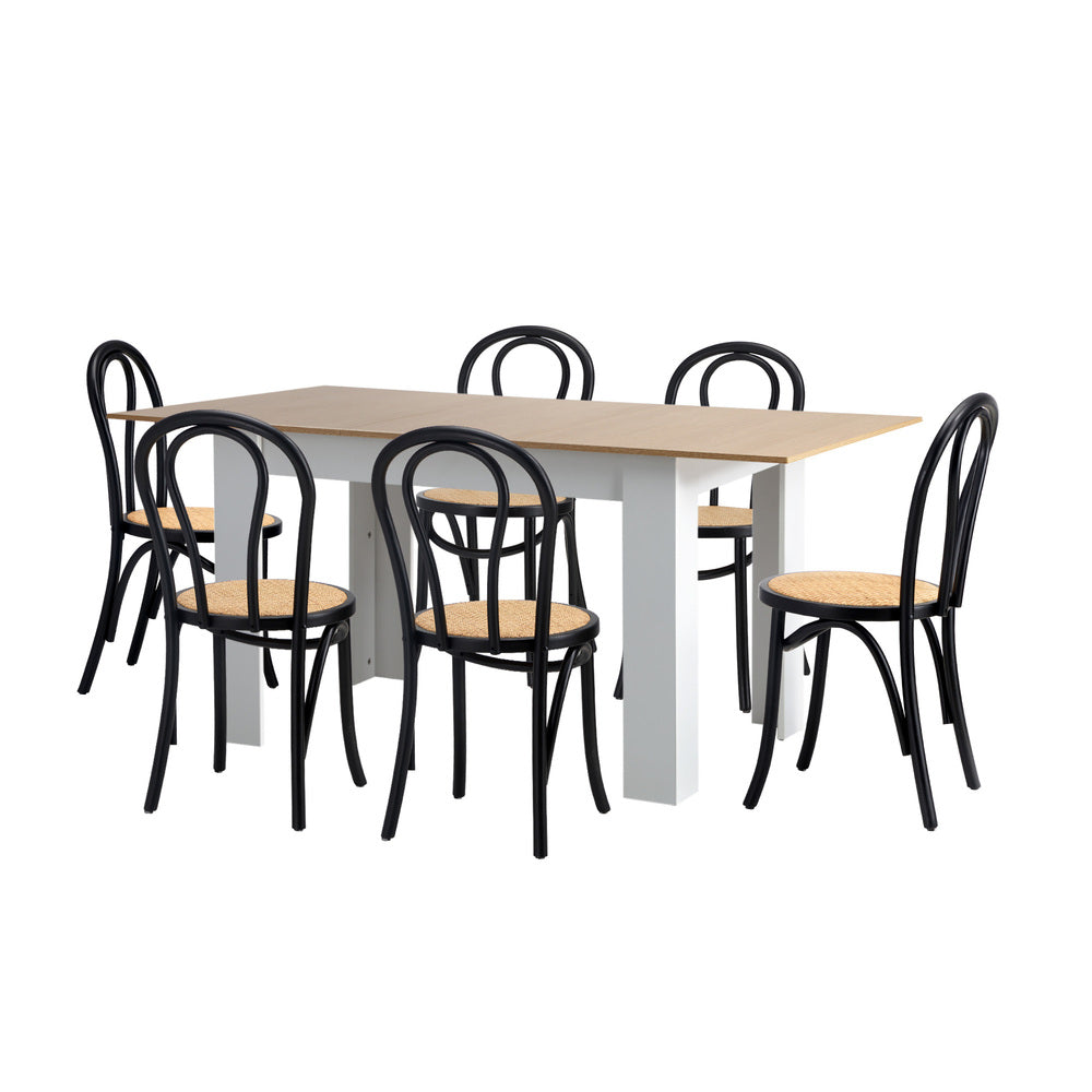 Aris Vintage Extendable Dining Table Set | 5-7 Seater Premium Dining Table and Wooden Rattan Chairs Set