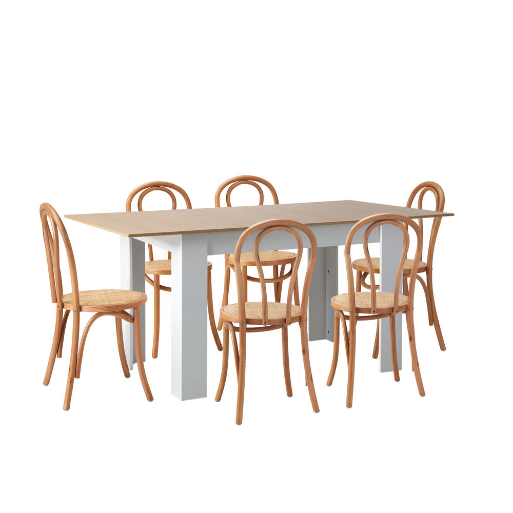 Aris Vintage Extendable Dining Table Set | 5-7 Seater Premium Dining Table and Wooden Rattan Chairs Set