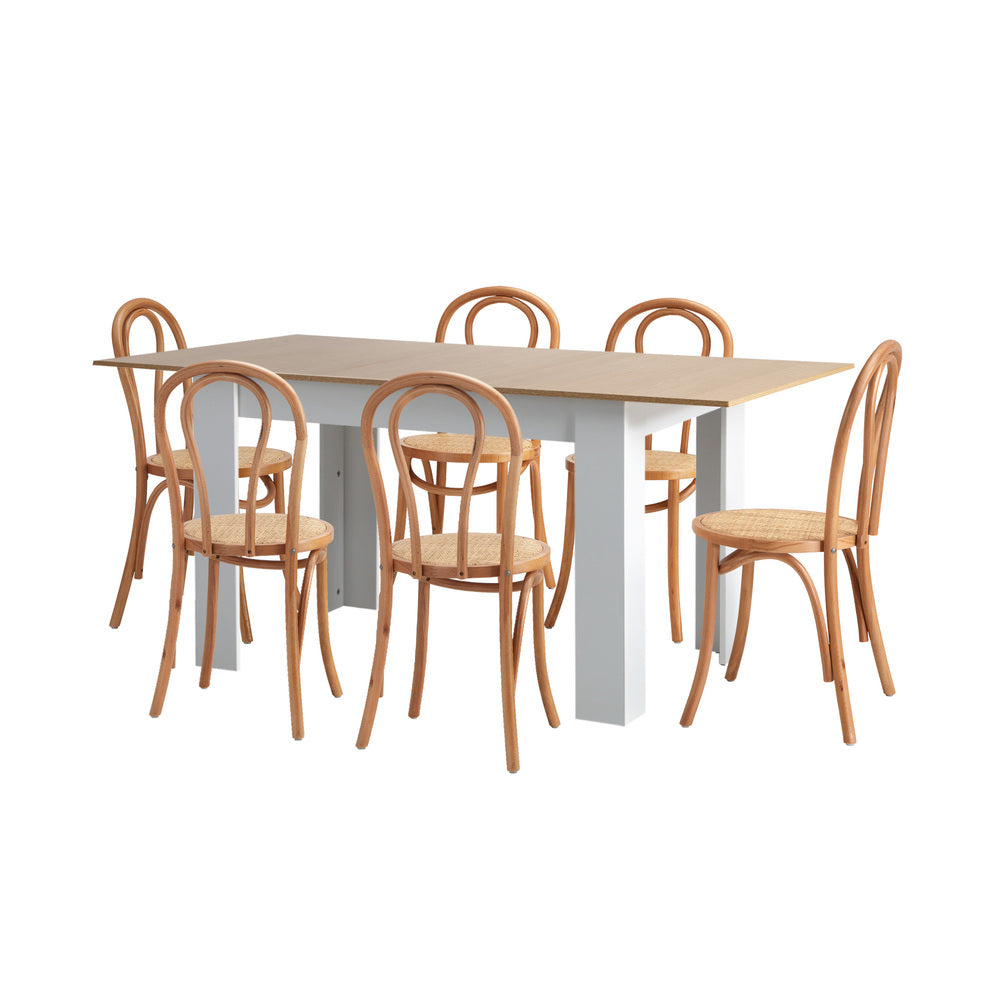 Aris Vintage Extendable Dining Table Set | 5-7 Seater Premium Dining Table and Wooden Rattan Chairs Set