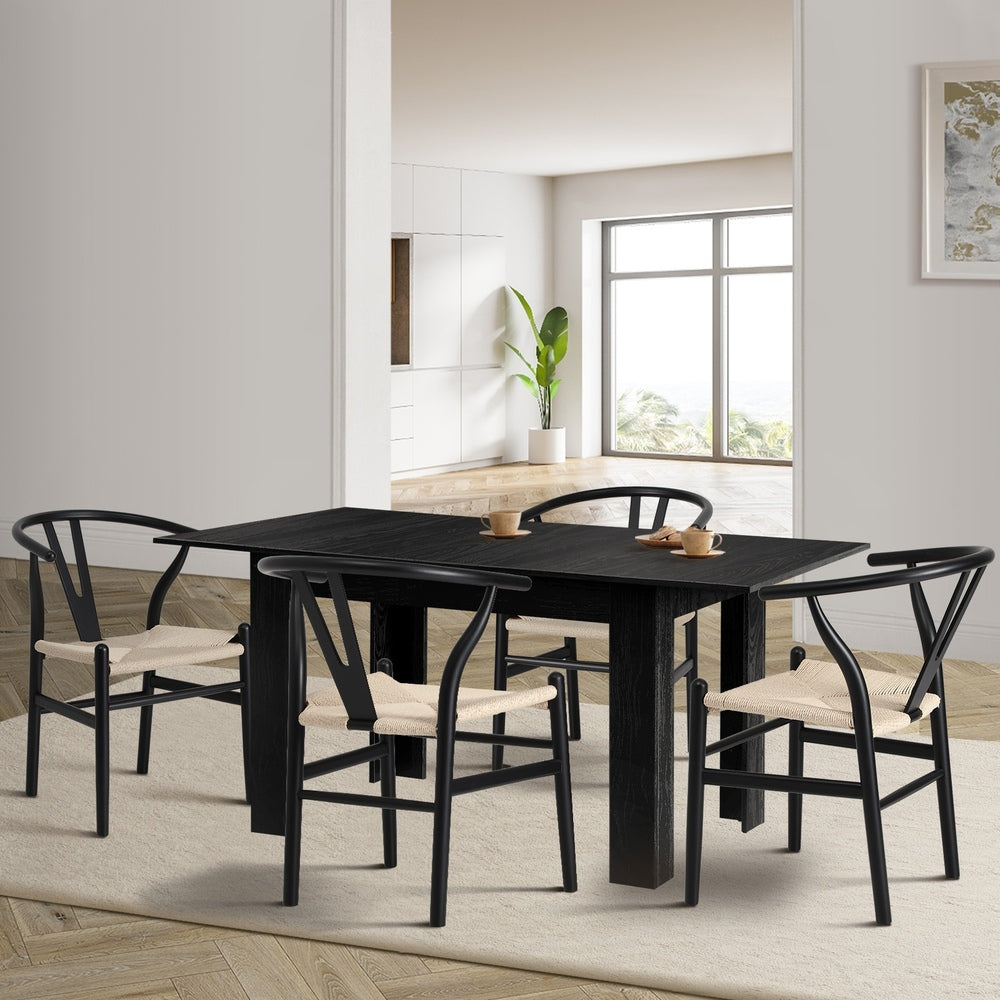 Replica Wishbone Nero Extendable 120-160cm Dining Table Set | 5-7 Seater Premium Modern Dining Table With Hans Wegner Replica Dining Chairs