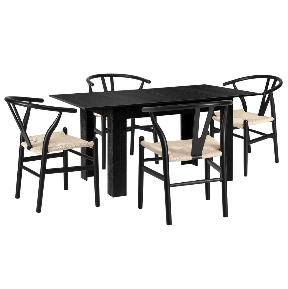 Replica Wishbone Nero Extendable 120-160cm Dining Table Set | 5-7 Seater Premium Modern Dining Table With Hans Wegner Replica Dining Chairs