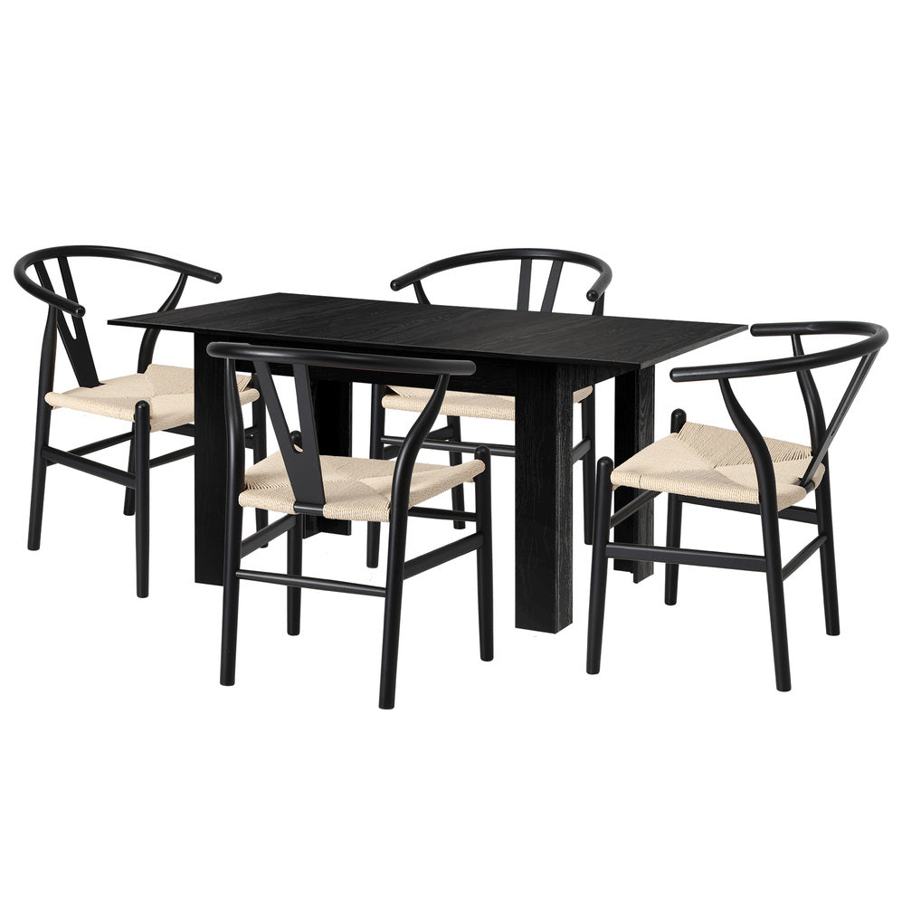 Replica Wishbone Nero Extendable 120-160cm Dining Table Set | 5-7 Seater Premium Modern Dining Table With Hans Wegner Replica Dining Chairs