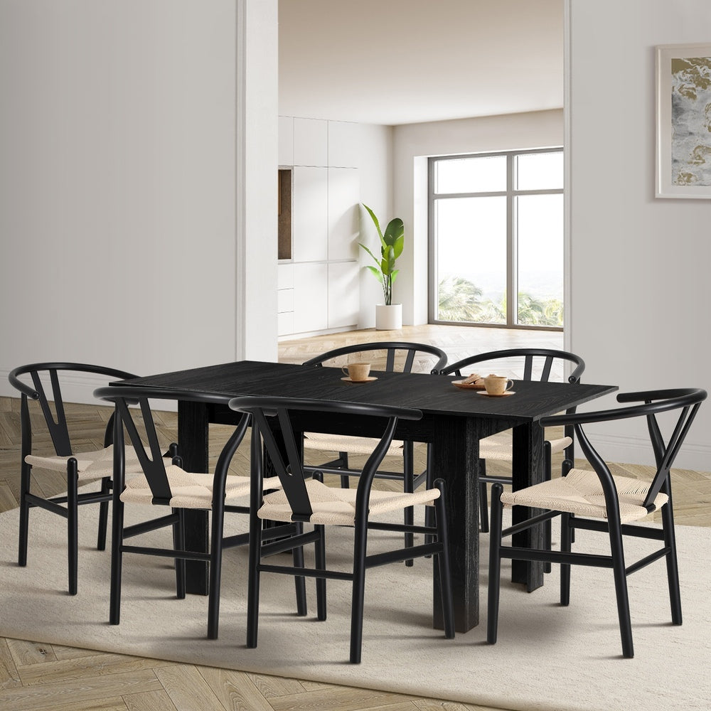 Replica Wishbone Nero Extendable 120-160cm Dining Table Set | 5-7 Seater Premium Modern Dining Table With Hans Wegner Replica Dining Chairs