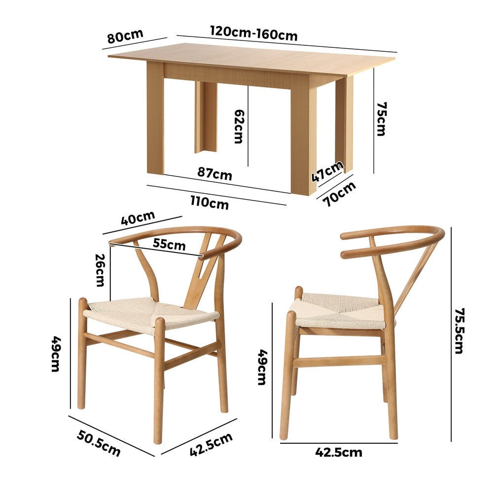 Replica Wishbone Extendable 120-160cm Dining Table Set | 5-7 Seater Premium Modern Dining Table With Hans Wegner Replica Dining Chairs