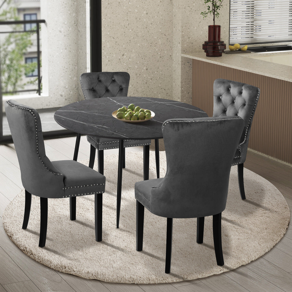 Amelia Nero Velvet Fabric 5pc Dining Table Set | Round Dining Table Marble Style | French Provincial Dining Set