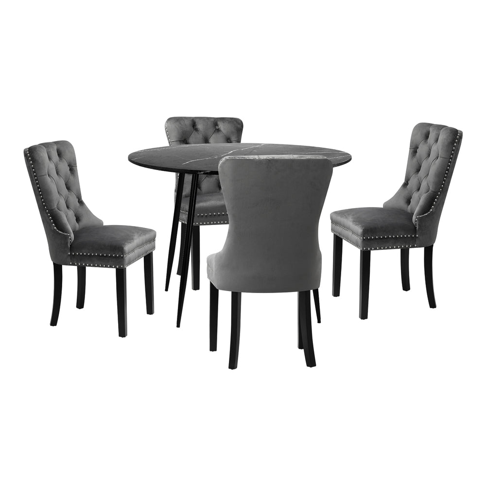 Amelia Nero Velvet Fabric 5pc Dining Table Set | Round Dining Table Marble Style | French Provincial Dining Set