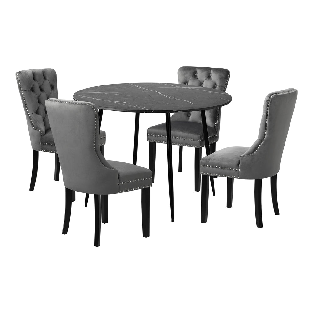 Amelia Nero Velvet Fabric 5pc Dining Table Set | Round Dining Table Marble Style | French Provincial Dining Set