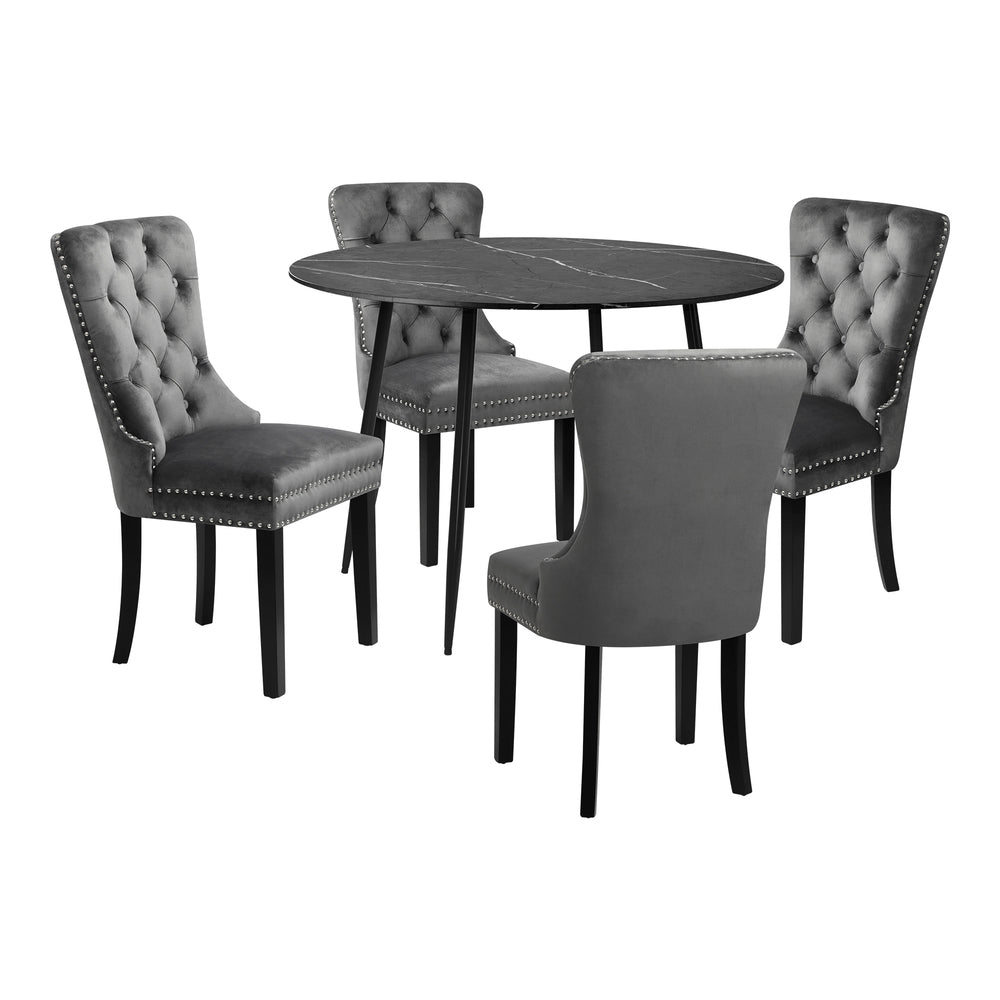 Amelia Nero Velvet Fabric 5pc Dining Table Set | Round Dining Table Marble Style | French Provincial Dining Set