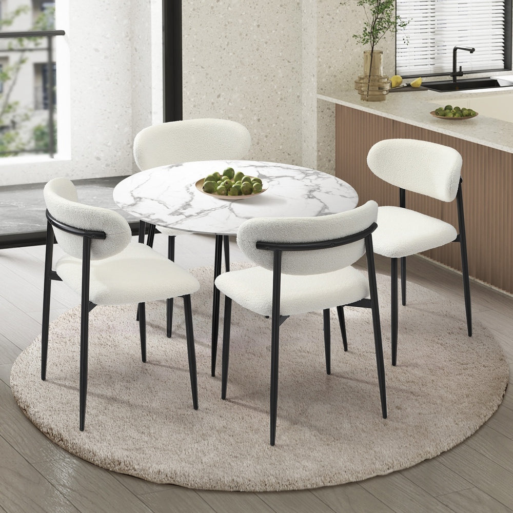 5pc Palermo Boucle Round Dining Table Set | 5 Seater 110cm Marble Style Dining Table Set