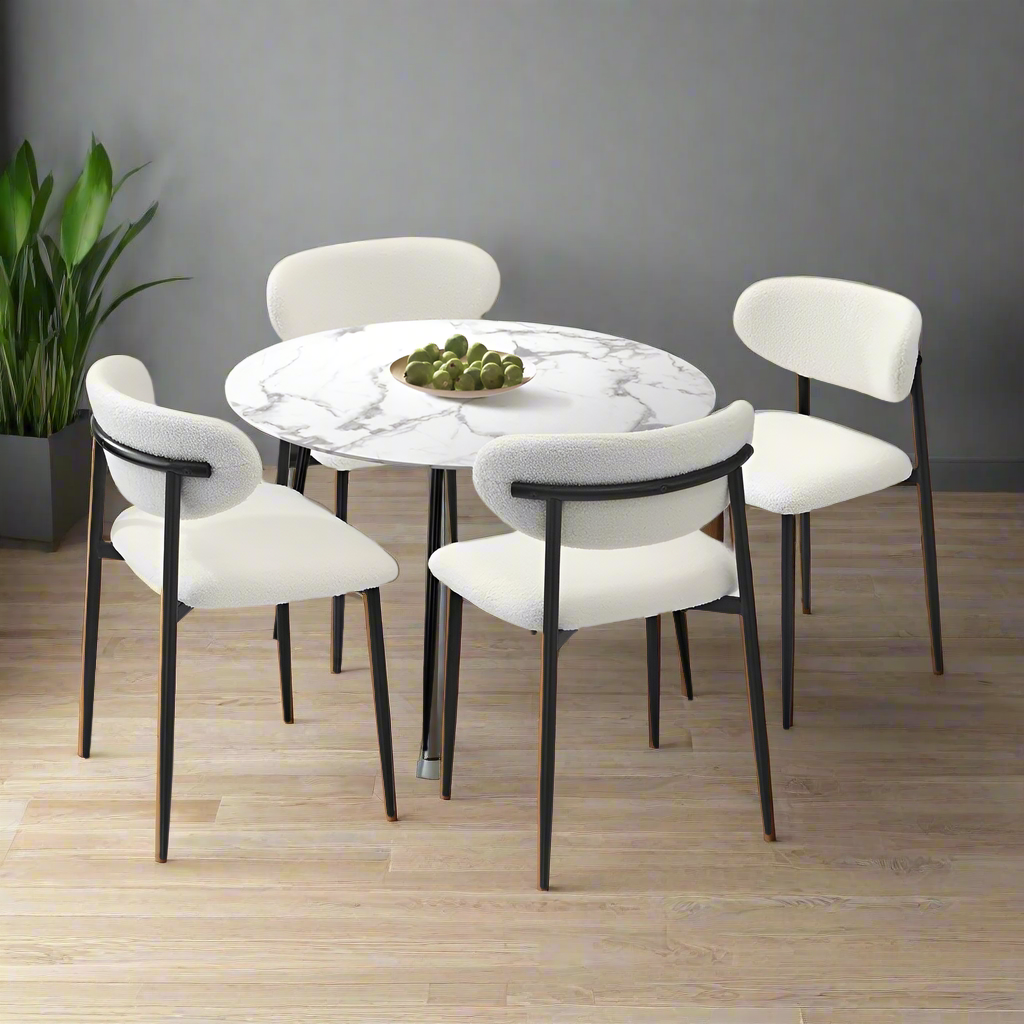 5pc Palermo Boucle Round Dining Table Set | 5 Seater 110cm Marble Style Dining Table Set