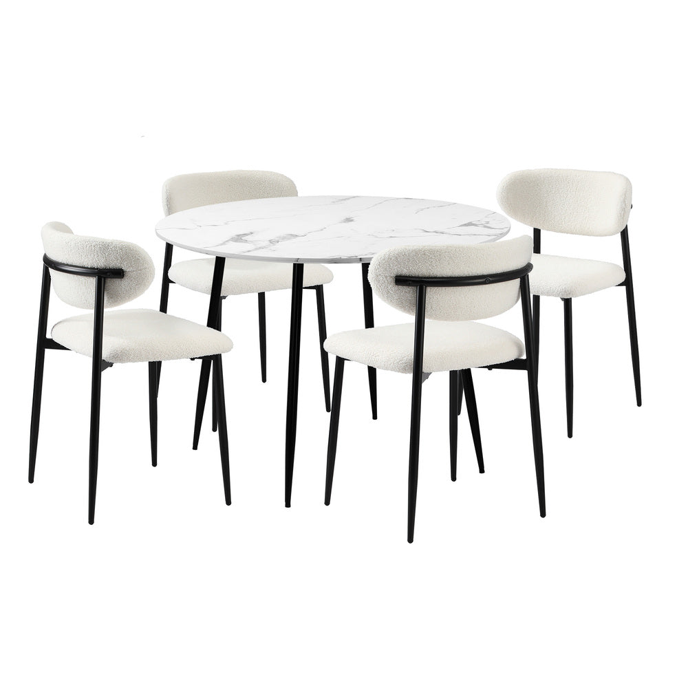 5pc Palermo Boucle Round Dining Table Set | 5 Seater 110cm Marble Style Dining Table and Boucle Dining Chairs