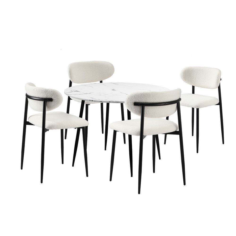 5pc Palermo Boucle Round Dining Table Set | 5 Seater 110cm Marble Style Dining Table and Boucle Dining Chairs