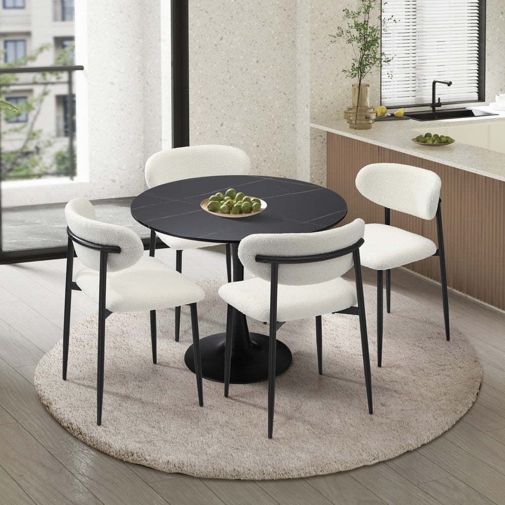 5pc Astano Boucle Round All Black Dining Table Set | 5 Seater 90cm Marble Style Dining Table and Boucle Dining Chairs