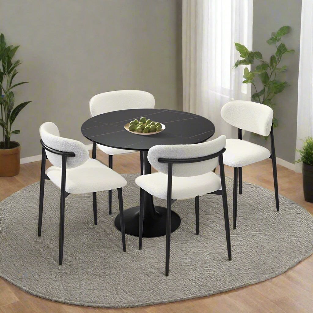 5pc Astano Boucle Round All Black Dining Table Set | 5 Seater 90cm Marble Style Dining Table and Boucle Dining Chairs