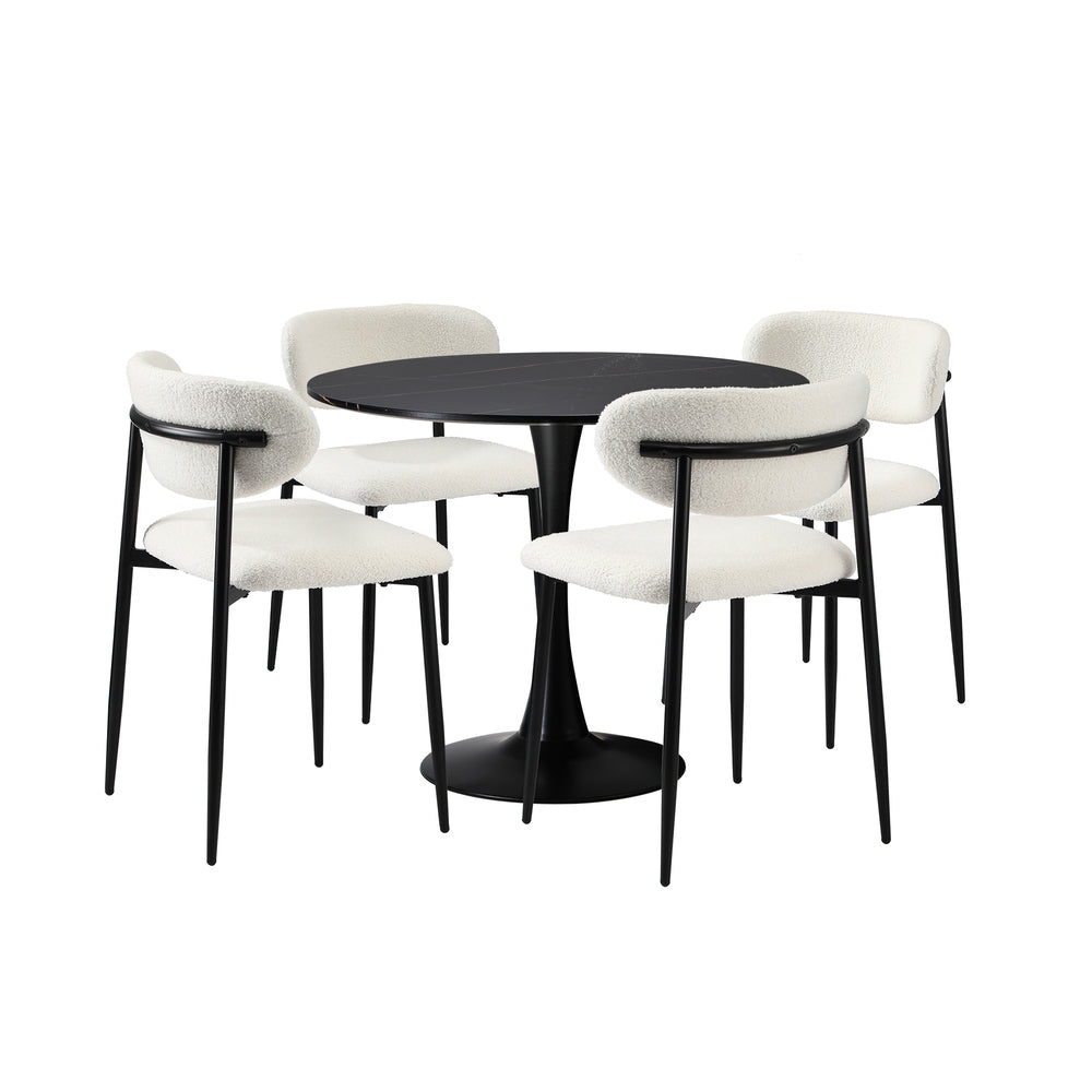 5pc Astano Boucle Round All Black Dining Table Set | 5 Seater 90cm Marble Style Dining Table and Boucle Dining Chairs