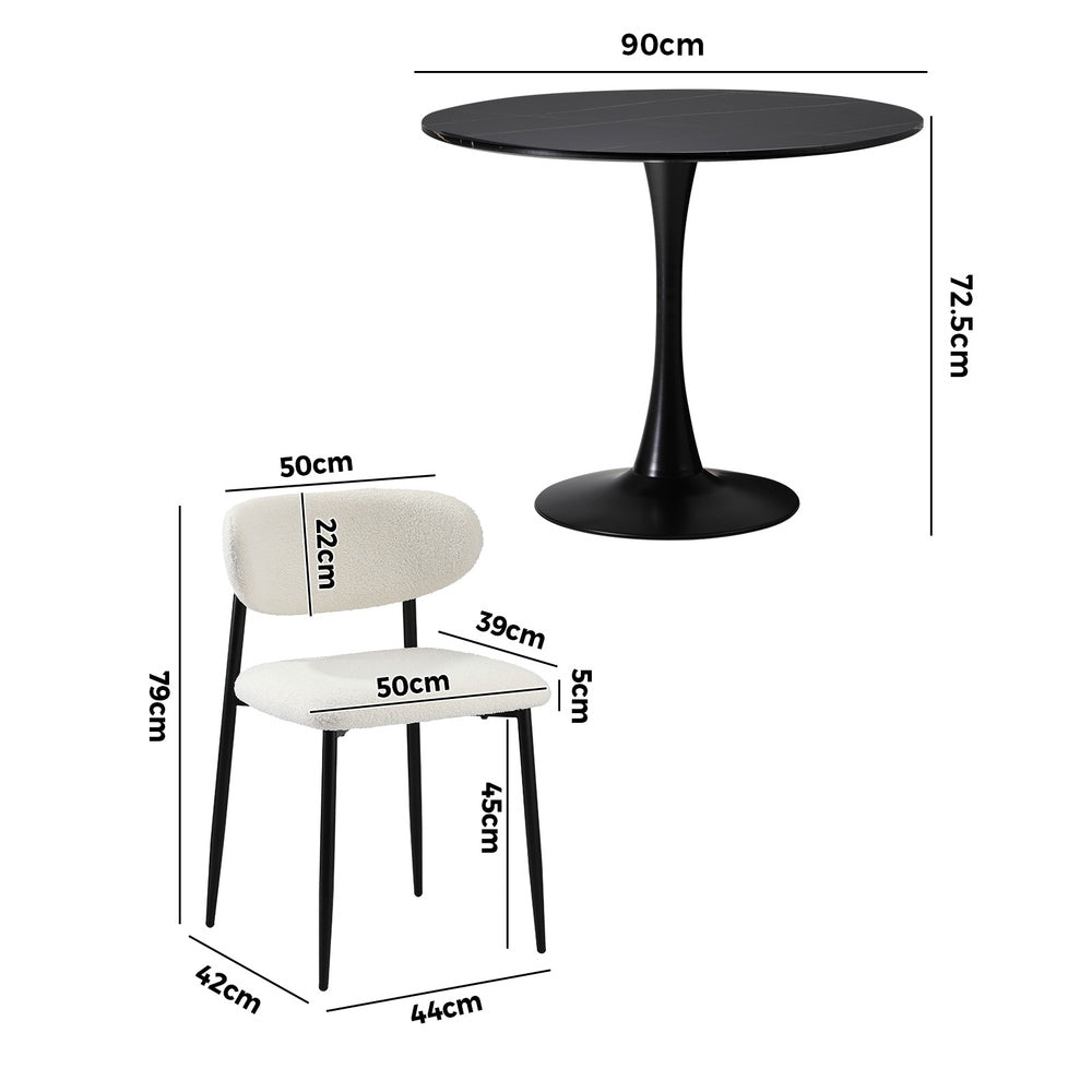 5pc Astano Boucle Round All Black Dining Table Set | 5 Seater 90cm Marble Style Dining Table and Boucle Dining Chairs