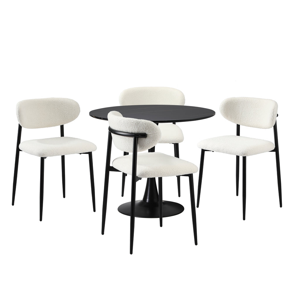 5pc Astano Boucle Round All Black Dining Table Set | 5 Seater 90cm Marble Style Dining Table and Boucle Dining Chairs