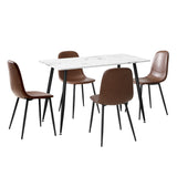 Murano PU Leather Luxe Dining Table Set | 5-7 Seater Dining Table Marble Style Top and Brown Slim Profile Chairs