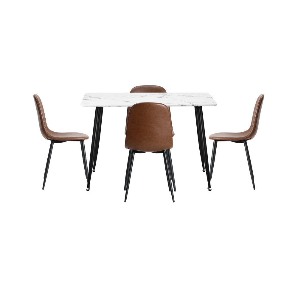 Murano PU Leather Luxe Dining Table Set | 5-7 Seater Dining Table Marble Style Top and Brown Slim Profile Chairs