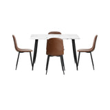 Murano PU Leather Luxe Dining Table Set | 5-7 Seater Dining Table Marble Style Top and Brown Slim Profile Chairs