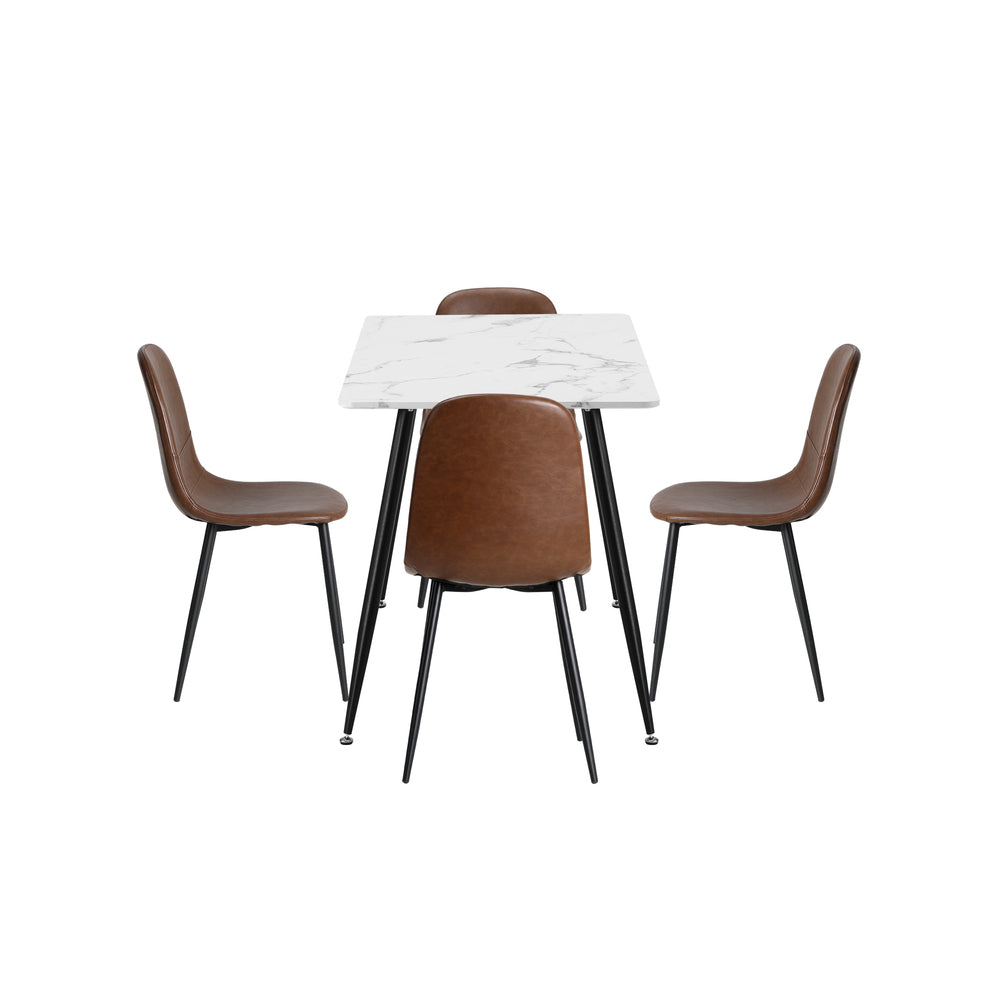 Murano PU Leather Luxe Dining Table Set | 5-7 Seater Dining Table Marble Style Top and Brown Slim Profile Chairs