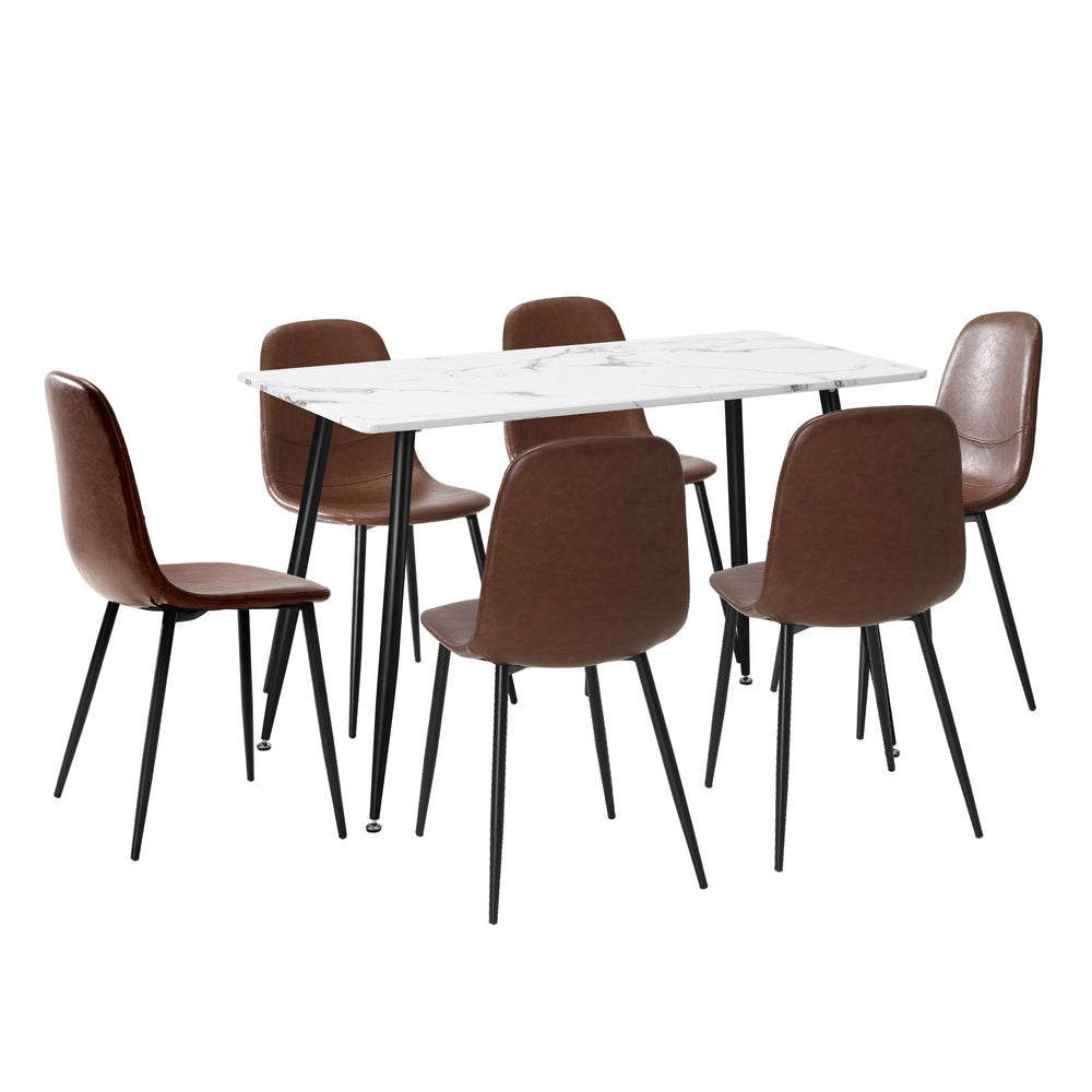 Murano PU Leather Luxe Dining Table Set | 5-7 Seater Dining Table Marble Style Top and Brown Slim Profile Chairs