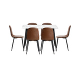 Murano PU Leather Luxe Dining Table Set | 5-7 Seater Dining Table Marble Style Top and Brown Slim Profile Chairs