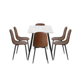 Murano PU Leather Luxe Dining Table Set | 5-7 Seater Dining Table Marble Style Top and Brown Slim Profile Chairs