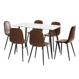 Murano PU Leather Luxe Dining Table Set | 5-7 Seater Dining Table Marble Style Top and Brown Slim Profile Chairs