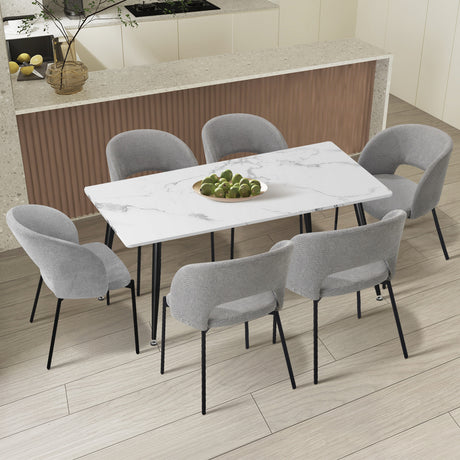 Teddy Millie Luxe Grey Fabric Dining Table Set | 5-7 Seater Premium Modern Dining Table Marble Style Top and Grey Dining Chairs