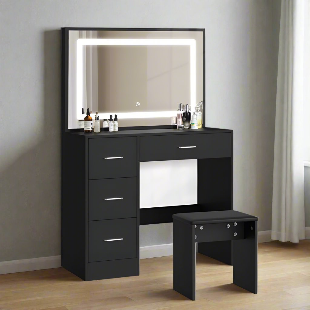 Starque XL Hollywood Dressing Table and Stool Set | LED Strip Mirror Storage Makeup Desk Cabinet