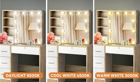 Starque Hollywood Dressing Table & Stool Set | LED Bulbs Mirror Storage Makeup Desk Cabinet