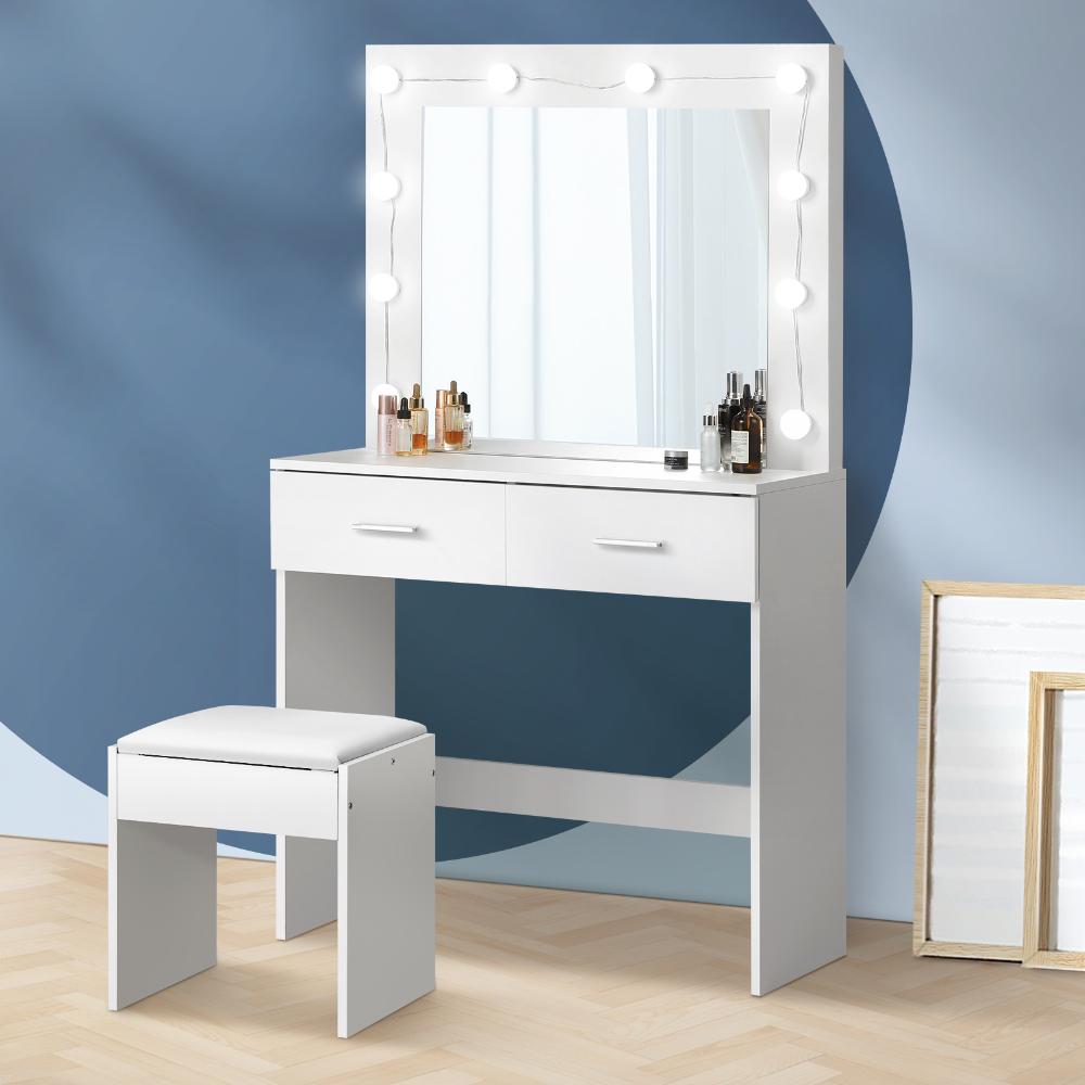 Glamz Deluxe LED Mirror Dressing Table and Stool Set | Hollywood Light Makeup Desk and Storage Drawer Unit