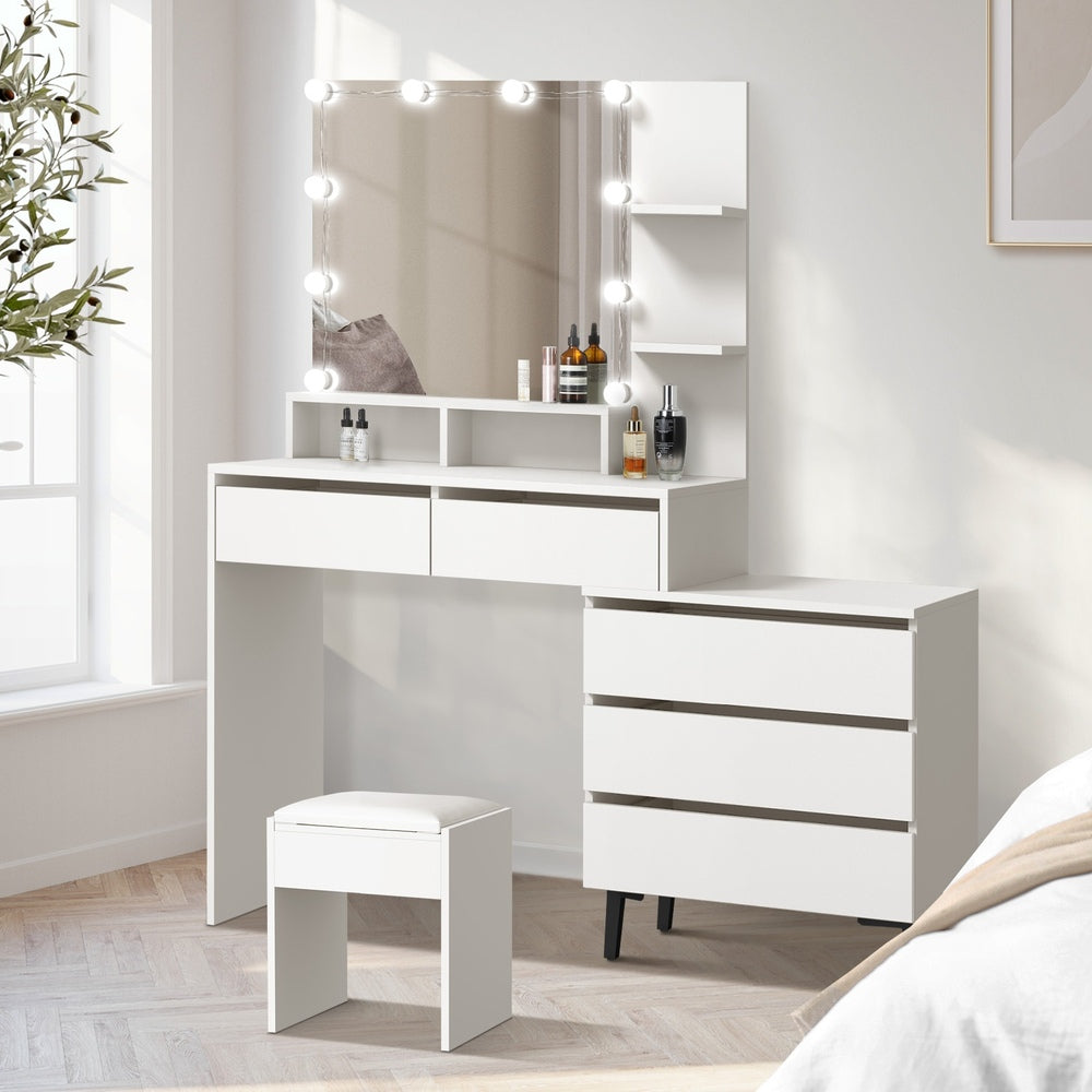 Capri Hollywood Dressing Table & Stool Set | LED Bulbs Mirror Storage Makeup Desk Cabinet