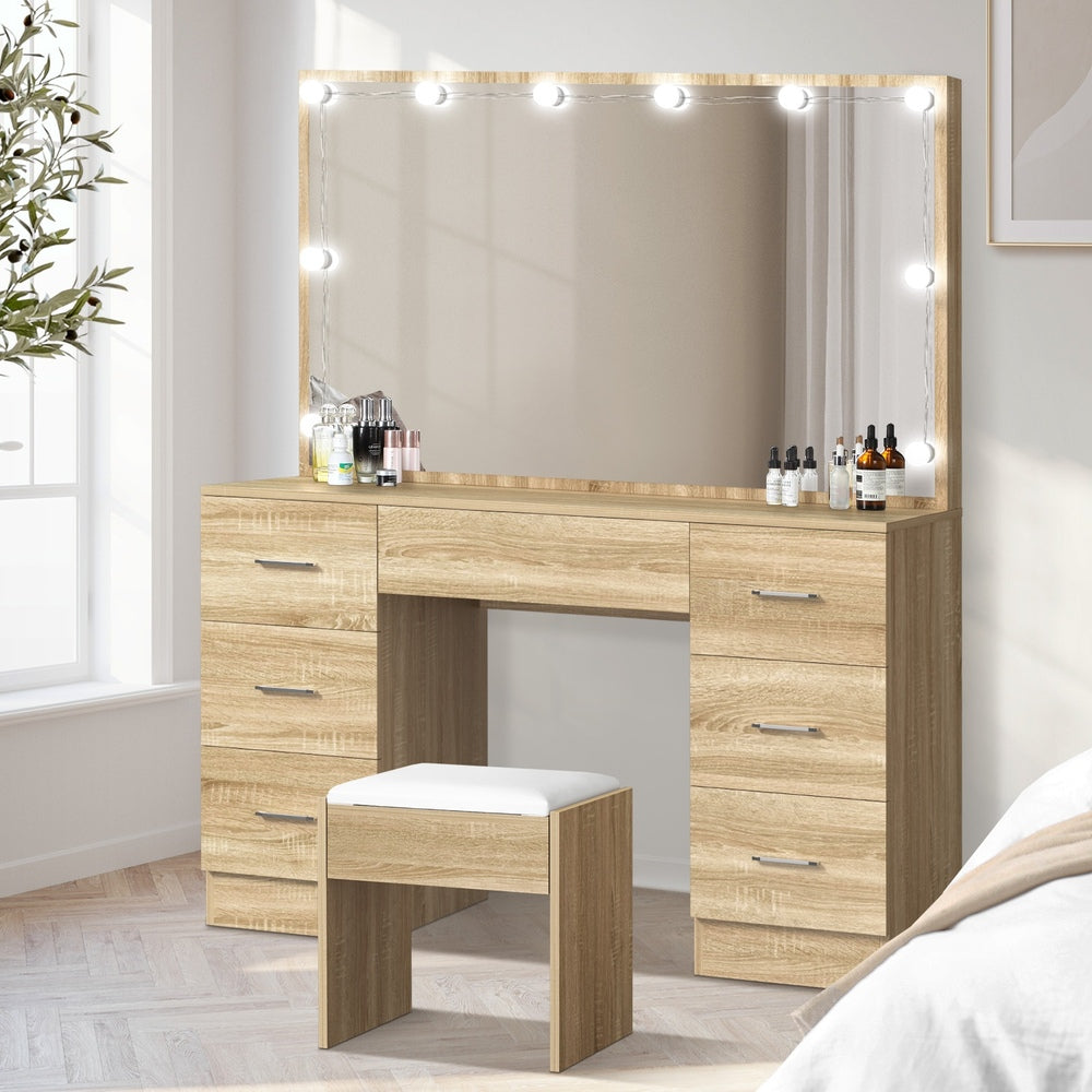 Glamz XL Hollywood Dressing Table & Stool Set | 10 LED Bulbs Mirror Storage Makeup Desk Cabinet