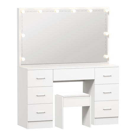 Glamz XL Hollywood Dressing Table & Stool Set | 10 LED Bulbs Mirror Storage Makeup Desk Cabinet