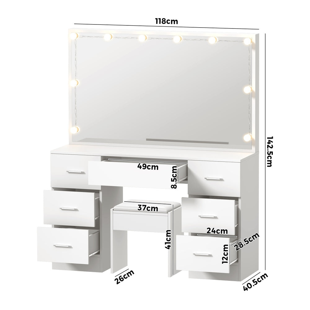 Glamz XL Hollywood Dressing Table & Stool Set | 10 LED Bulbs Mirror Storage Makeup Desk Cabinet