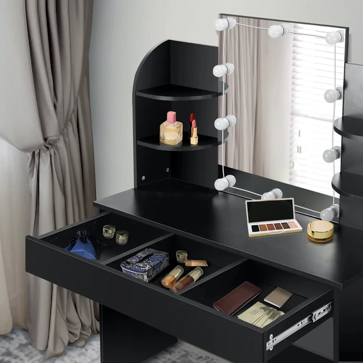 Glamz Hollywood Dressing Table & Stool Set | LED Bulbs Mirror Storage Makeup Desk Cabinet