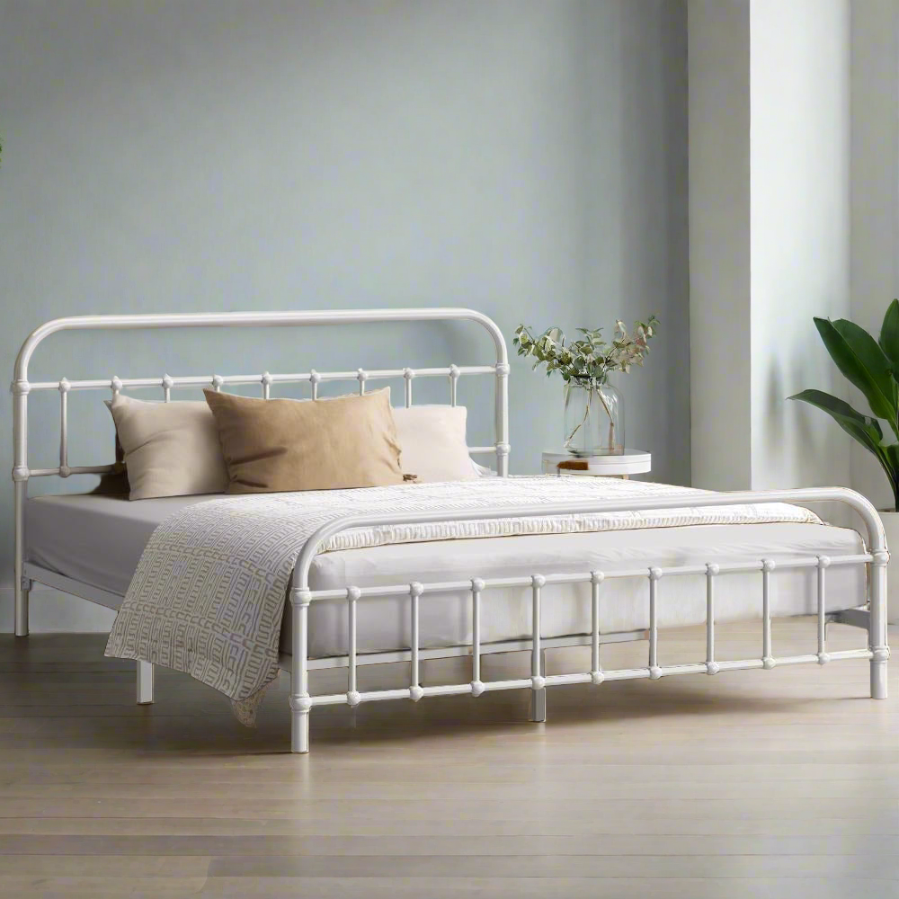 Alcantra Modern Full Metal Extra Strong Bed Frame | Sturdy Metal Designer Vintage Bed in White | 3 Sizes