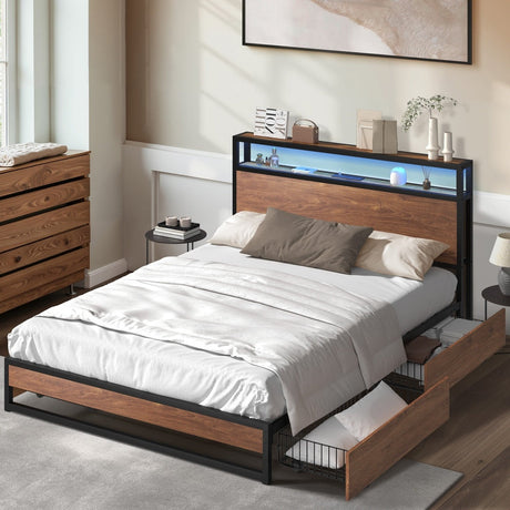 Pazzi Wood Metal LED Lights Storage Bed | Multi Functional Storage LED and USB Bed Frame