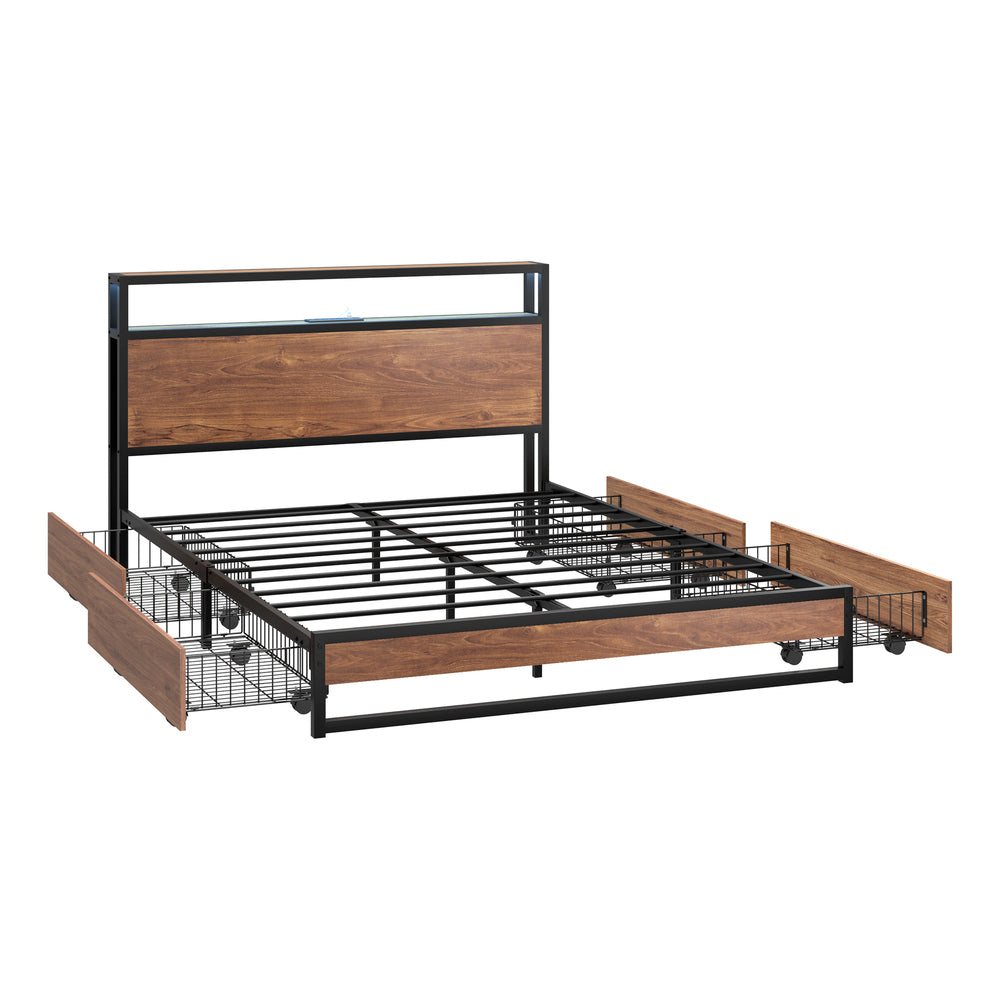 Pazzi Wood Metal LED Lights Storage Bed | Multi Functional Storage LED and USB Bed Frame | Optional Draws