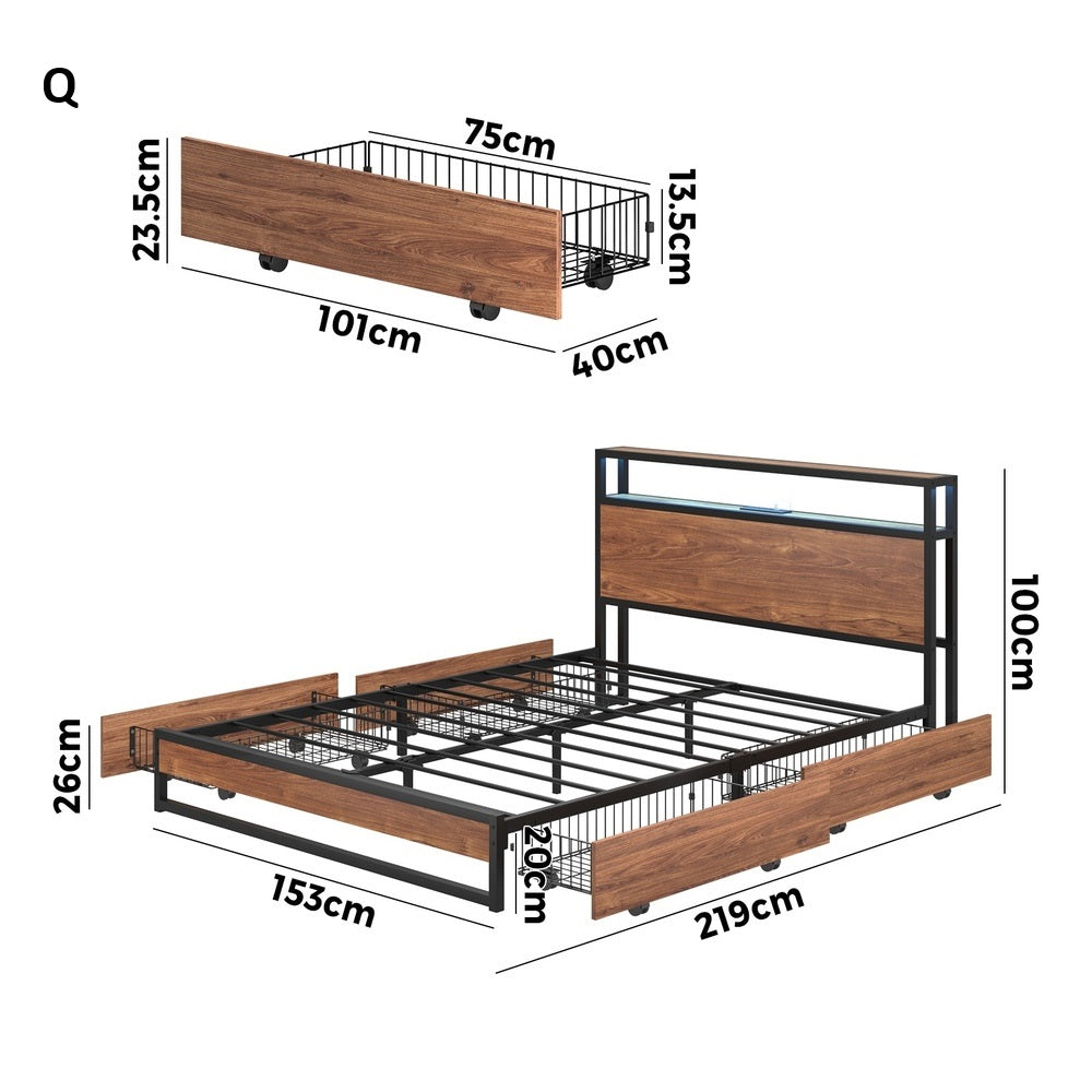 Pazzi Wood Metal LED Lights Storage Bed | Multi Functional Storage LED and USB Bed Frame | Optional Draws