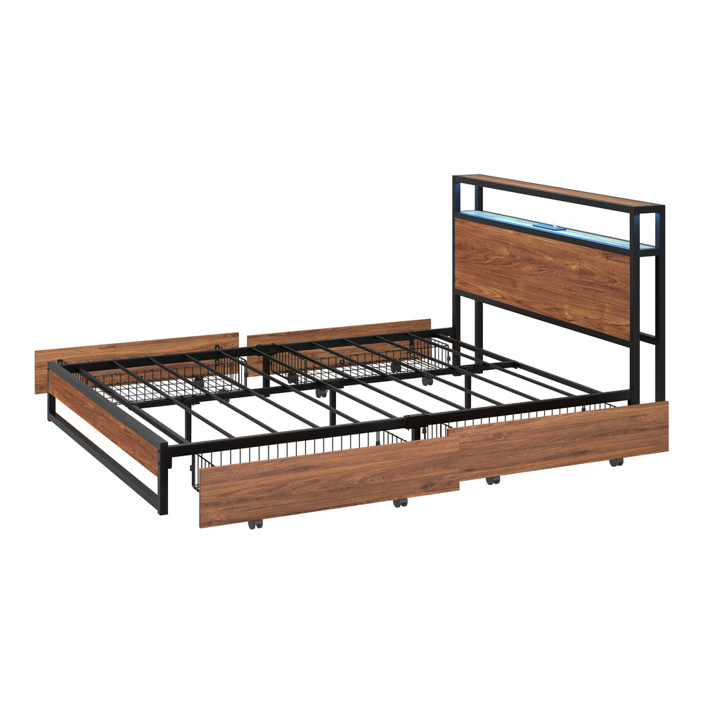 Pazzi Wood Metal LED Lights Storage Bed | Multi Functional Storage LED and USB Bed Frame | Optional Draws